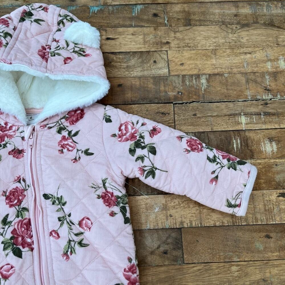 Nordstrom Bear Hooded Fleece-Lined Bunting 6 M Pink Floral Quilted - Picture 4 of 6
